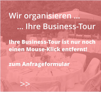 >>  Wir organisieren …     … Ihre Business-Tour  Ihre Business-Tour ist nur noch  einen Mouse-Klick entfernt!  zum Anfrageformular