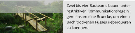 Zwei bis vier Bauteams bauen unter  restriktiven Kommunikationsregeln  gemeinsam eine Bruecke, um einen  Bach trockenen Fusses ueberqueren  zu koennen.